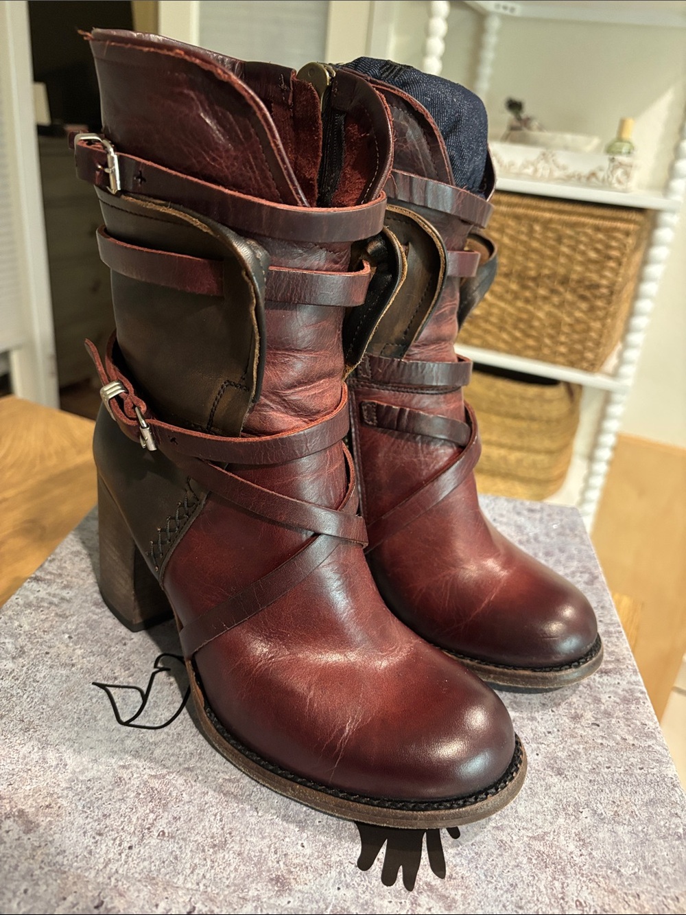 Freebird by Steven Burgundy Leather Wrap-Strap Block Heel Ankle Boots